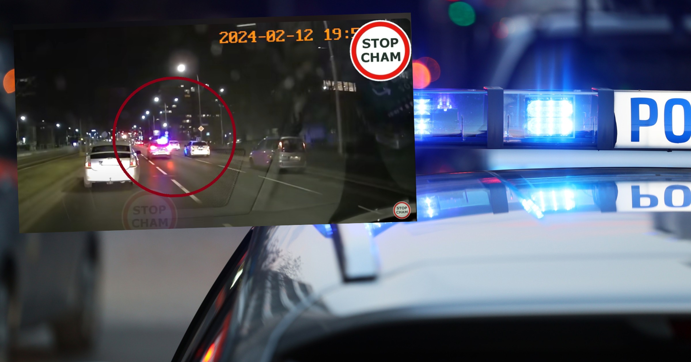 Stłuczka policyjnego radiowozu z samochodem nauki jazdy (fot. screen: YouTube/STOPCHAM)