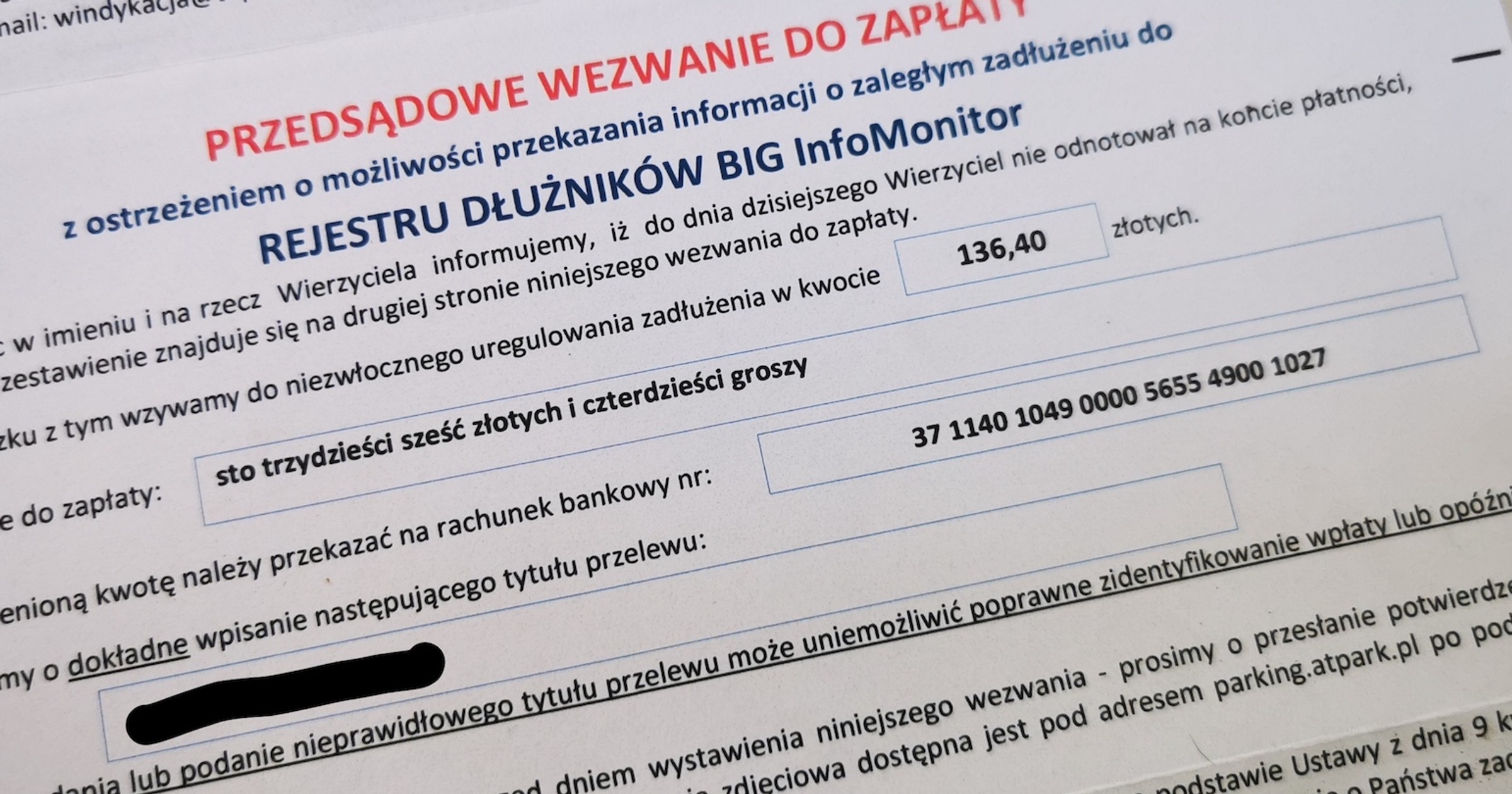 Wezwanie do zapłaty za parking