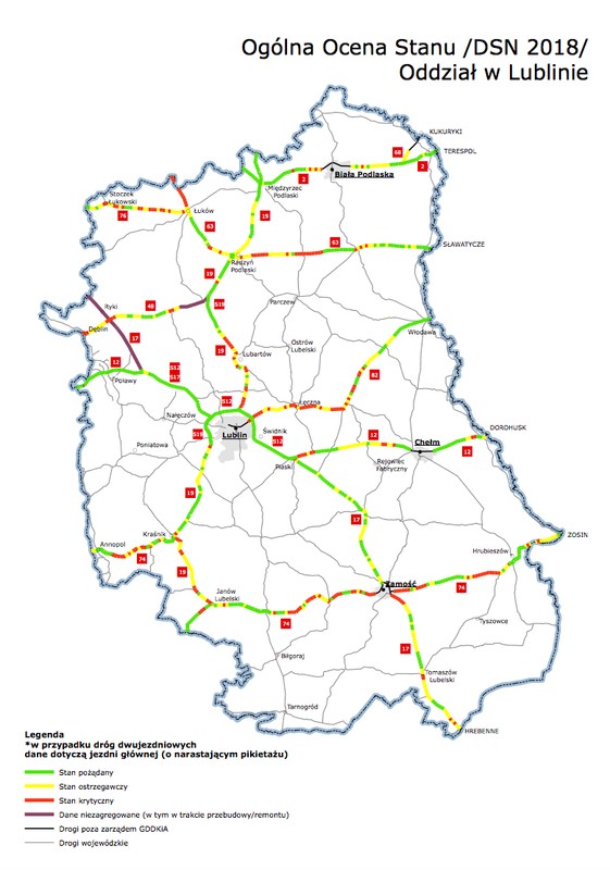 Mapy poglądowe z ogólną oceną stanu technicznego nawierzchni w poszczególnych oddziałach GDDKiA
