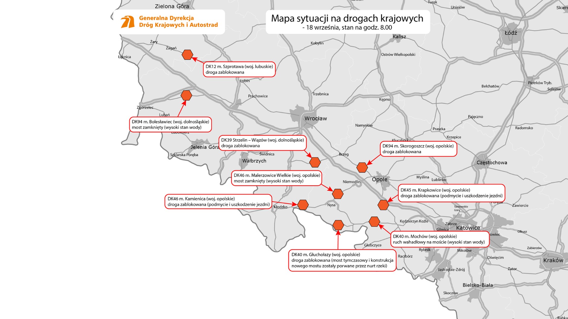 Mapa utrudnień po powodzi na południu Polski