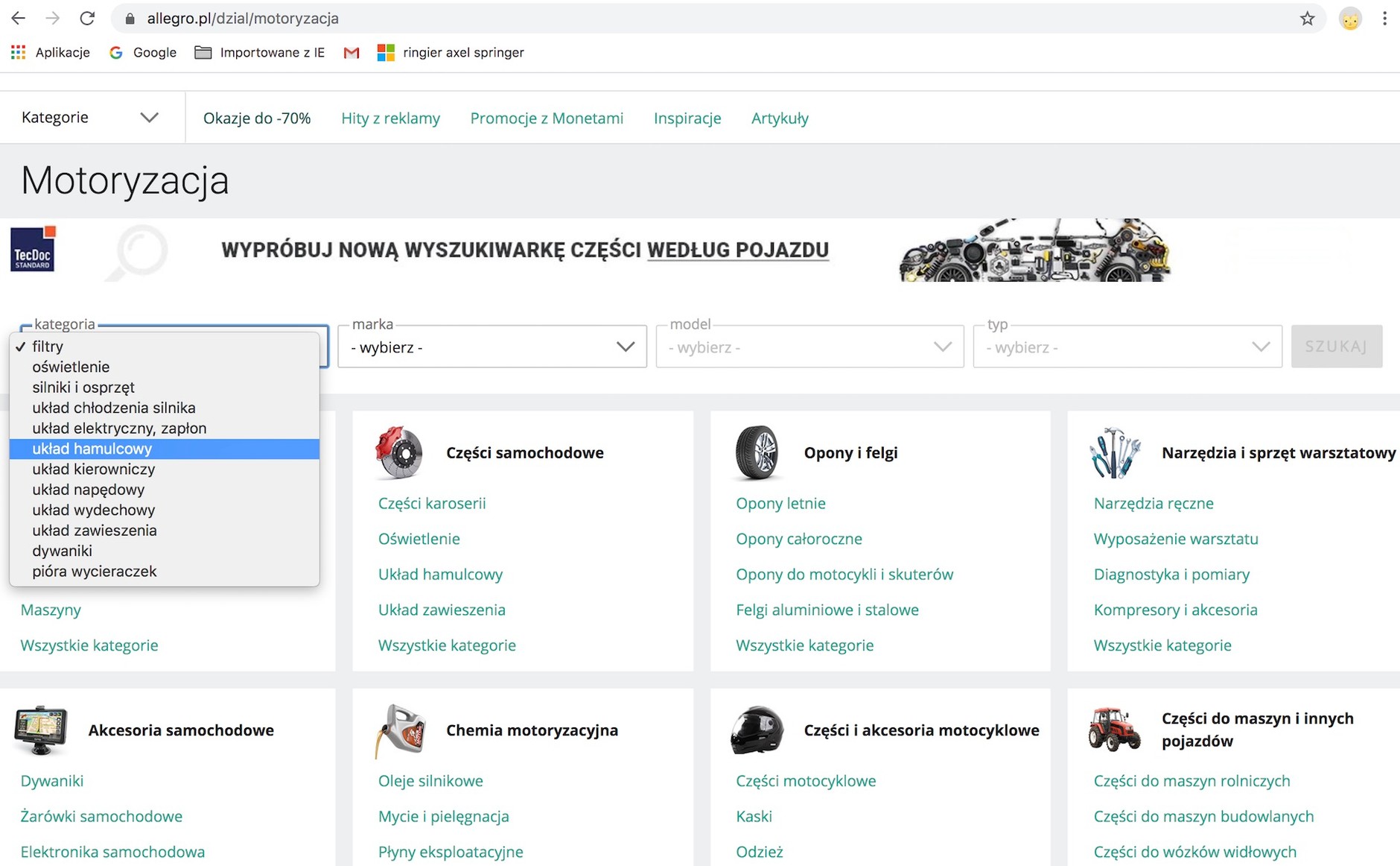 Wyszukiwarka części na Allegro: najpierw wybieramy kategorię części, których szukamy