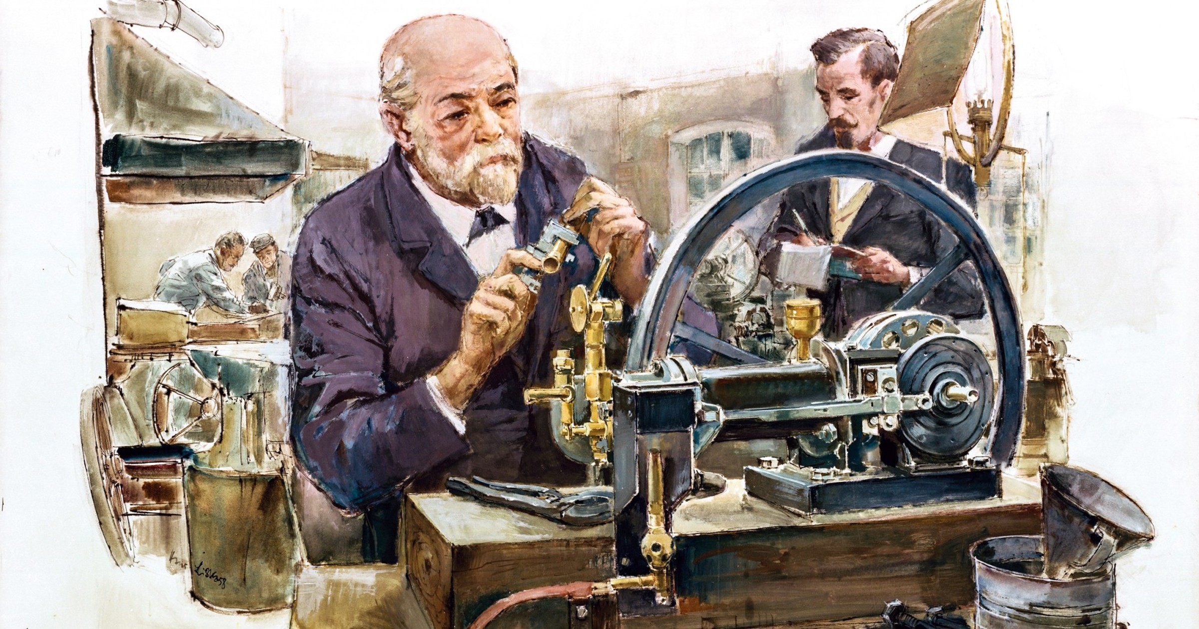 Daimler i Maybach (rysunek Hansa Liski) pracują nad pierwszym silnikiem wysokoobrotowym.