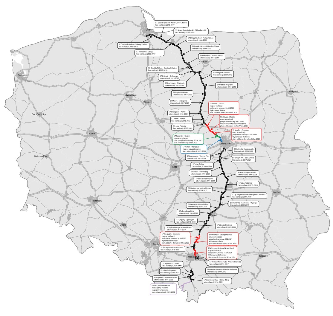 Mapa z przebiegiem drogi ekspresowej S7