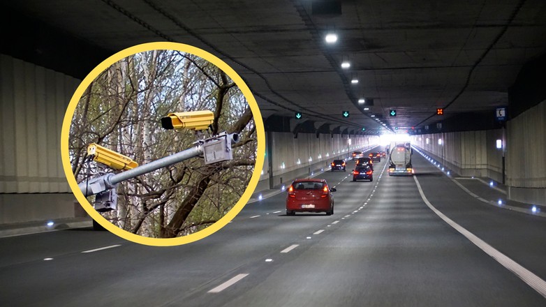 Kamery odcinkowego pomiaru prędkości i tunel drogowy. Zdjęcie ilustracyjne