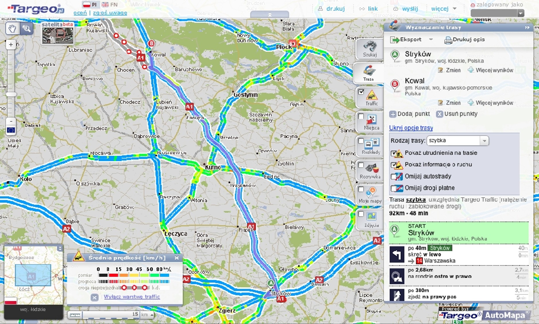 Która nawigacja prowadzi nowym odcinkiem A1?