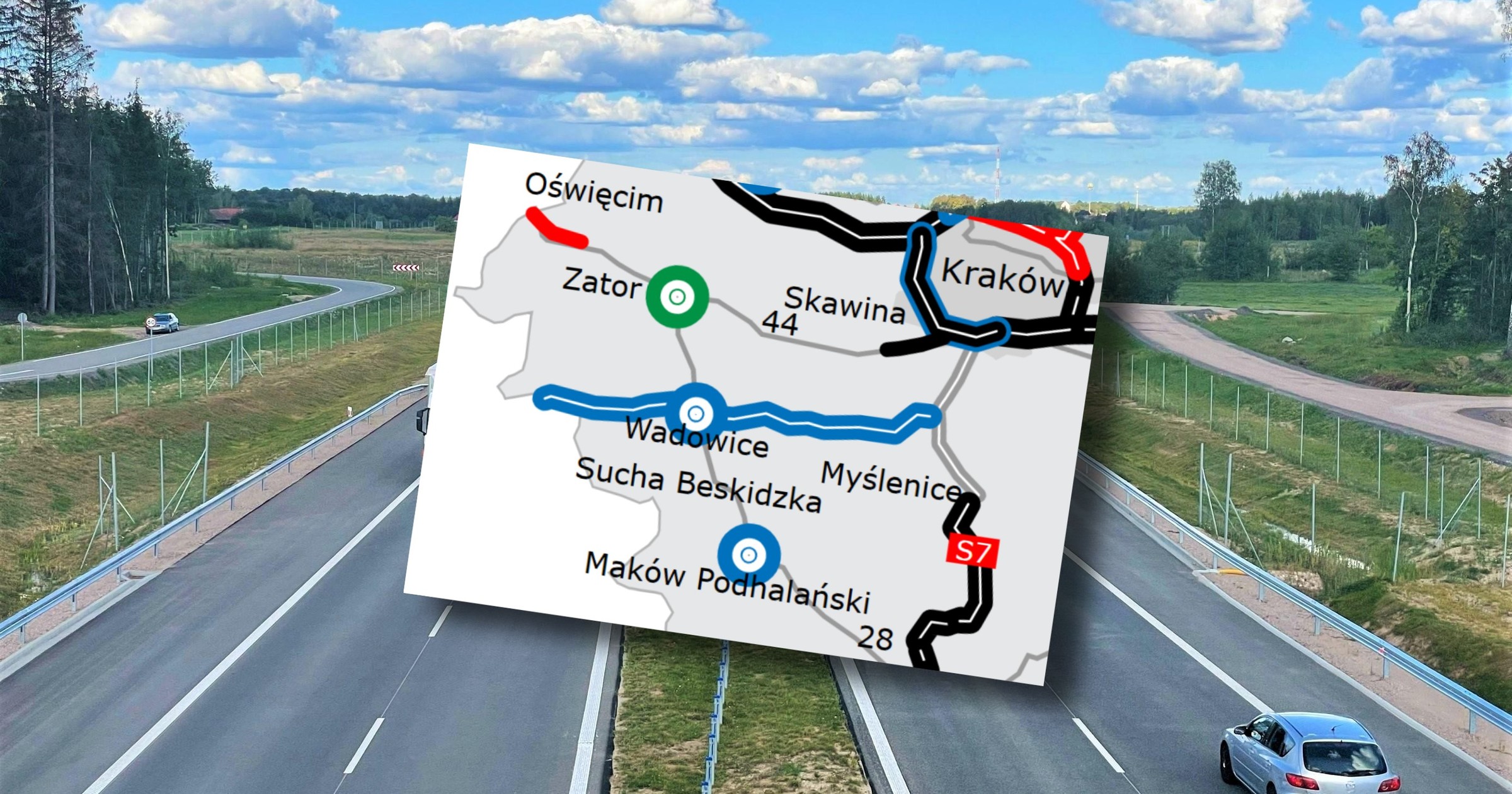 Droga ekspresowa (zdjęcie poglądowe) z mapą trasy S52