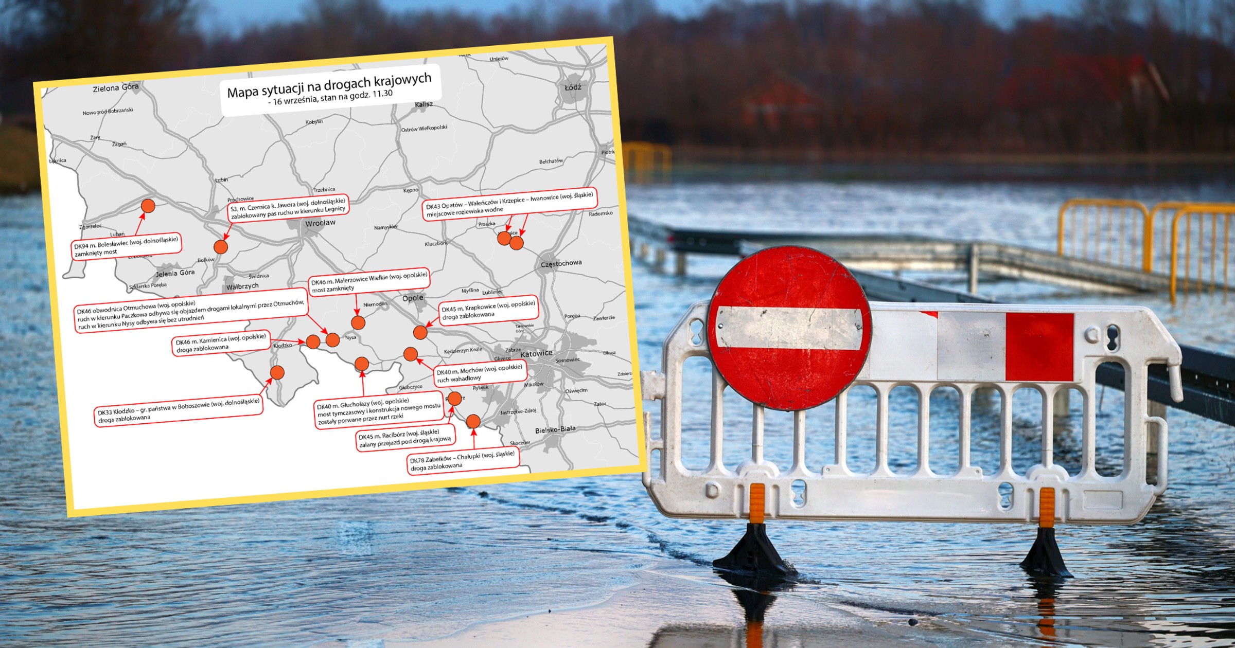 Mapa utrudnień na drogach spowodowanych przez powódź na południu Polski (screen: GDDKiA/X)