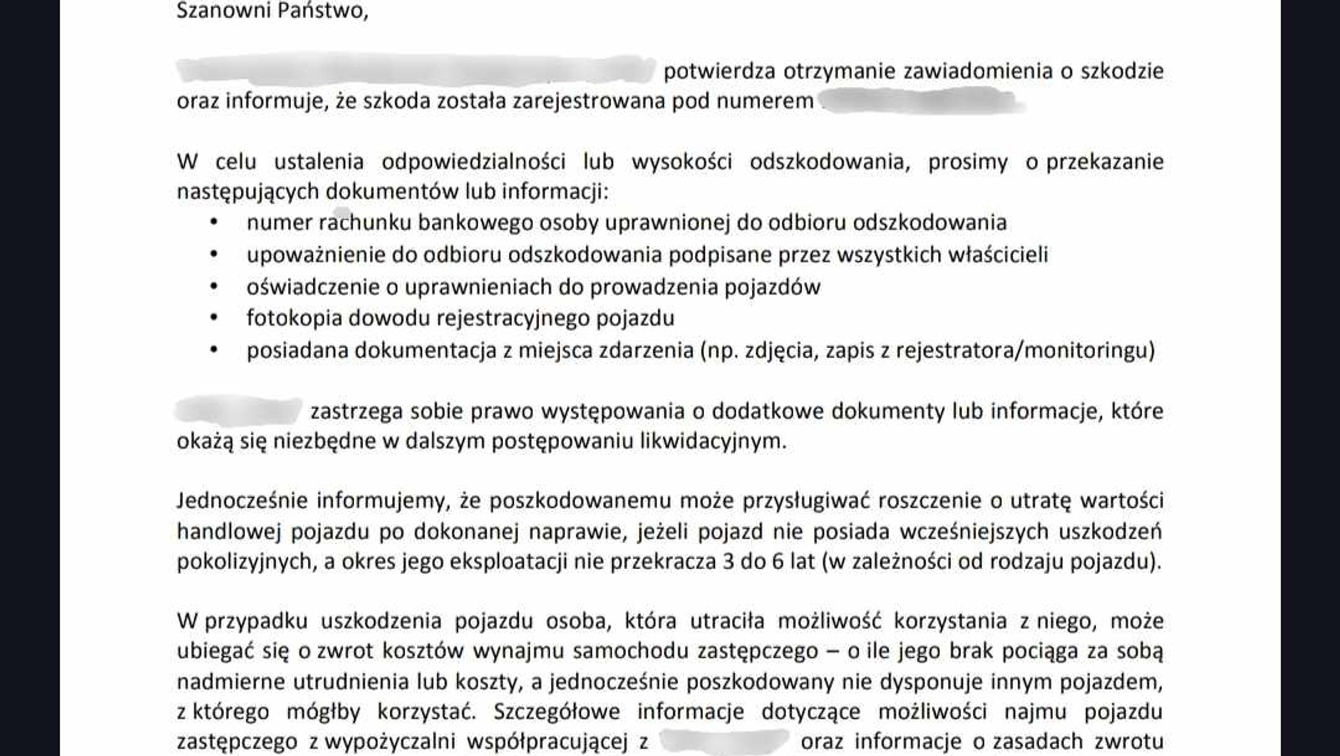 Informacja od ubezpieczyciela o wymaganych dokumentach i samochodzie zastępczym