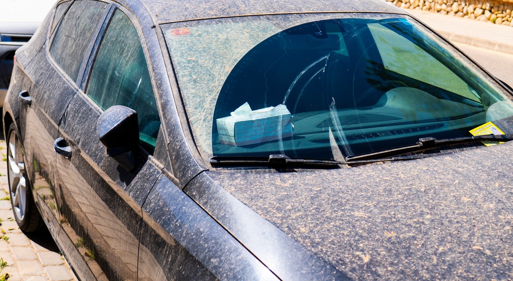 Żółty pył na samochodzie