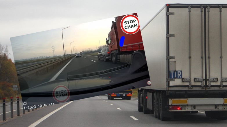 Kierowca BMW wyhamował przed ciężarówką (screenshot/YouTube/@STOPCHAM)