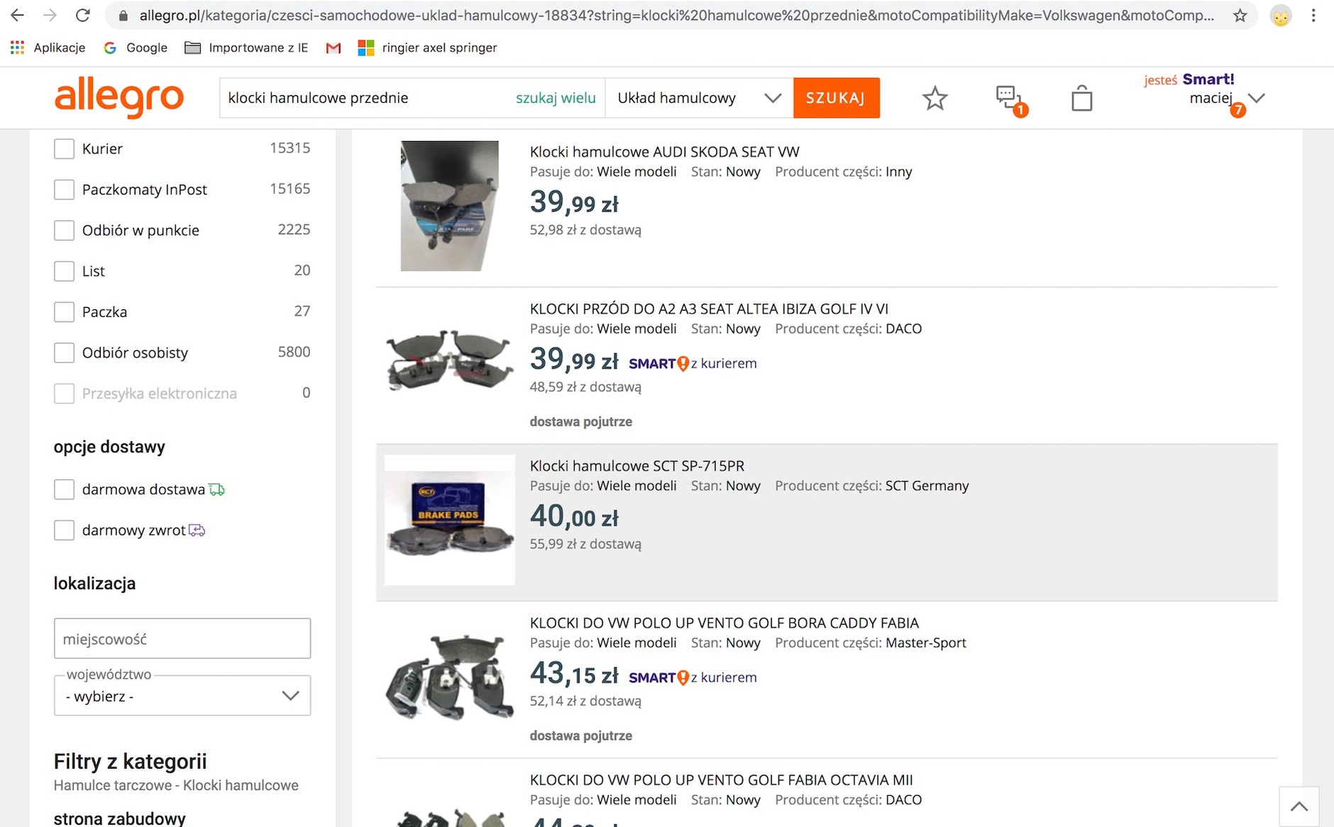 Wyszukiwarka części na Allegro: w okienko wpisujemy nazwę części, której szukamy i potwierdzamy wybór. Wyświetla się lista dostępnych części pasujących do naszego samochodu