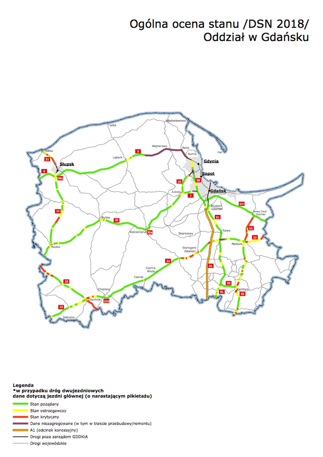 Mapy poglądowe z ogólną oceną stanu technicznego nawierzchni w poszczególnych oddziałach GDDKiA