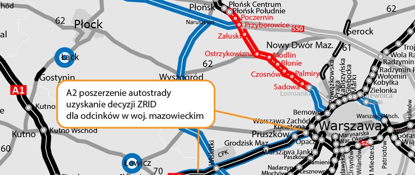Poszerzenie autostrady A2 - decyzje ZRID dla odcinków w woj. mazowieckim
