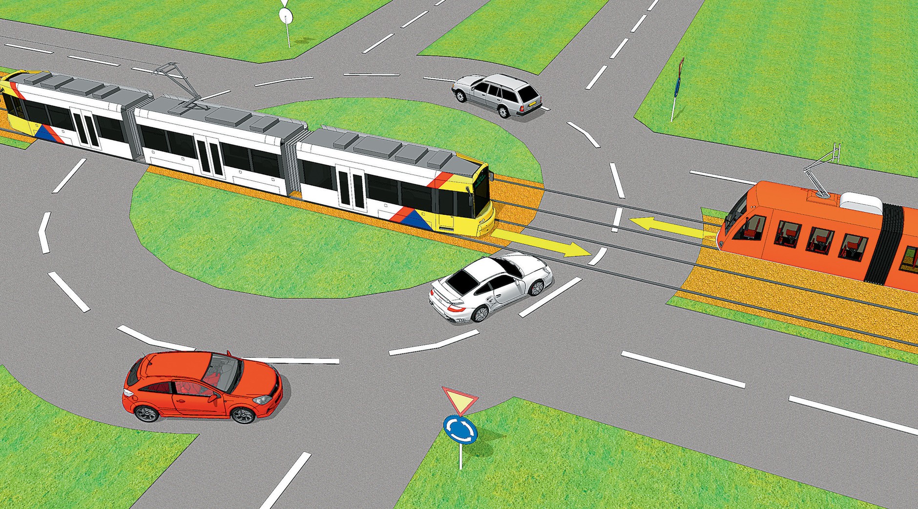 Na rysunku biały samochód musi się zatrzymać, by ustąpić pierwszeństwa tramwajowi zjeżdżającemu z ronda. Pomarańczowy tramwaj wjeżdżający na rondo nie ma jednak pierwszeństwa, gdyż obowiązuje go znak „ustąp pierwszeństwa” – ustępuje on zatem pojazdom znajdującym się na rondzie