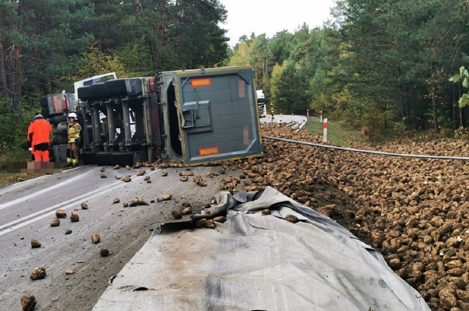 Buraki cukrowe rozsypane na jezdni