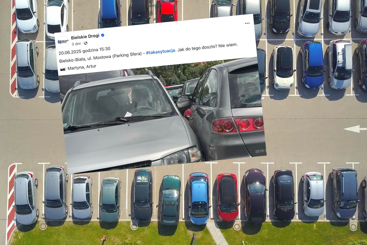 Nietypowa sytuacja na parkingu w Bielsku-Białej. Kierowcy musieli mieć problem z odjazdem