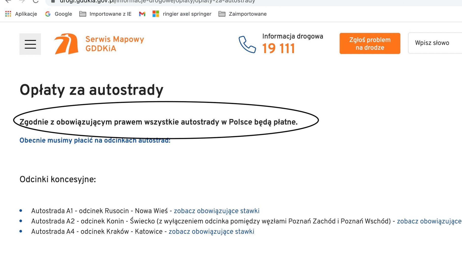 Strona GDDKiA informująca o płatnościach za autostrady