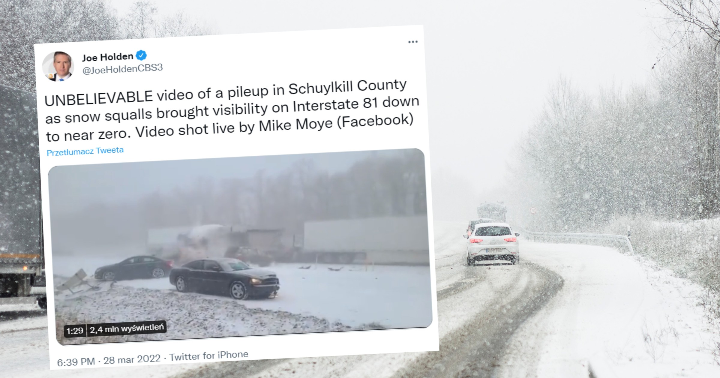 Śnieżyca spowodowała wielki karambol na drodze w stanie Pensylwania w USA [screen: Twitter.com/JoeHoldenCBS3]