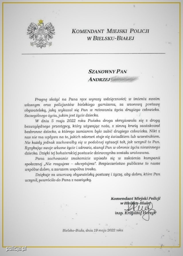 List z podziękowaniami od Komendanta Miejskiego Policji w Bielsku-Białej