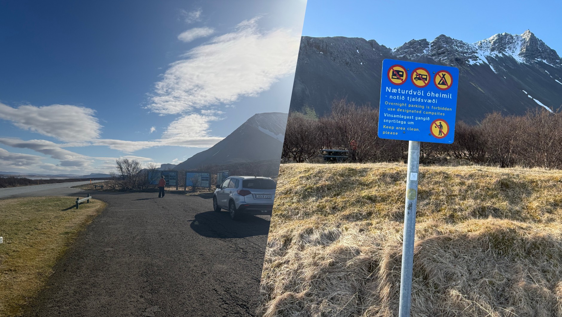 Na parkingach przydrożnych nie wolno biwakować, zostawać na noc. Islandczycy bardzo dbają o przyrodę i porządek
