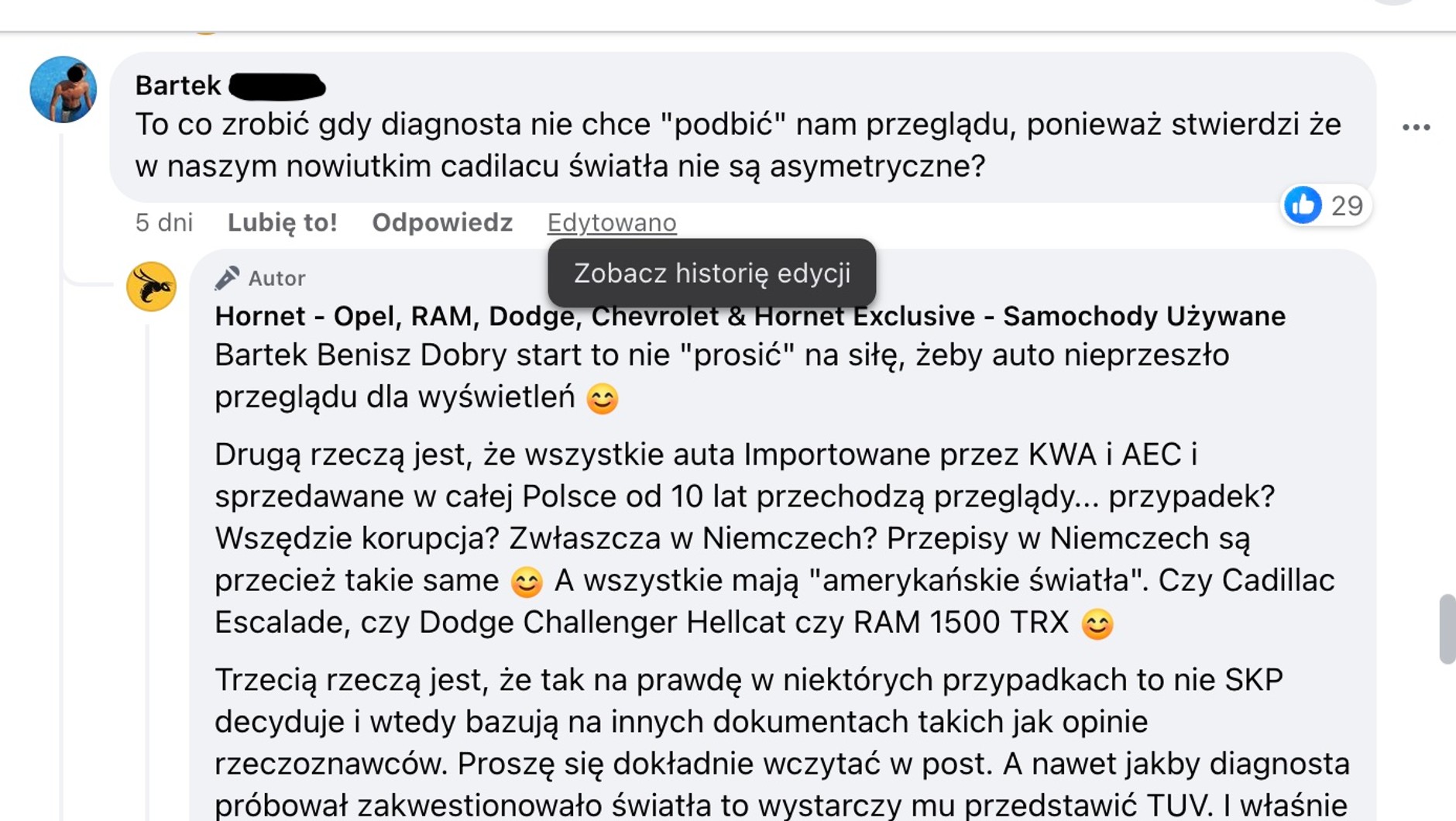 Na Facebooku rozgorzała dyskusja na temat dopuszczenia Cadillaca i podobych samochodów do ruchu