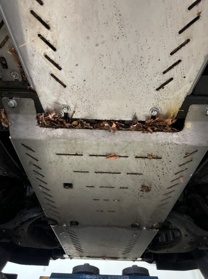 Isuzu D-Max pana Jacka – zdjęcia z oględzin rzeczoznawcy. Według biegłego akcesoryjna osłona jest zbudowana tak, że dostają się do niej liście i nie mogą wypaść – stąd pożar