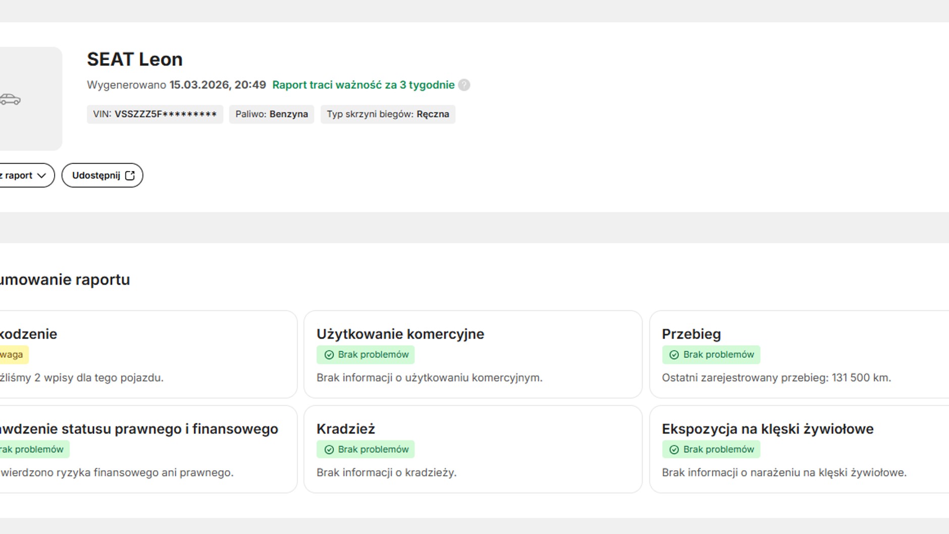 Raport historii samochodu po numerze rejestracyjnym