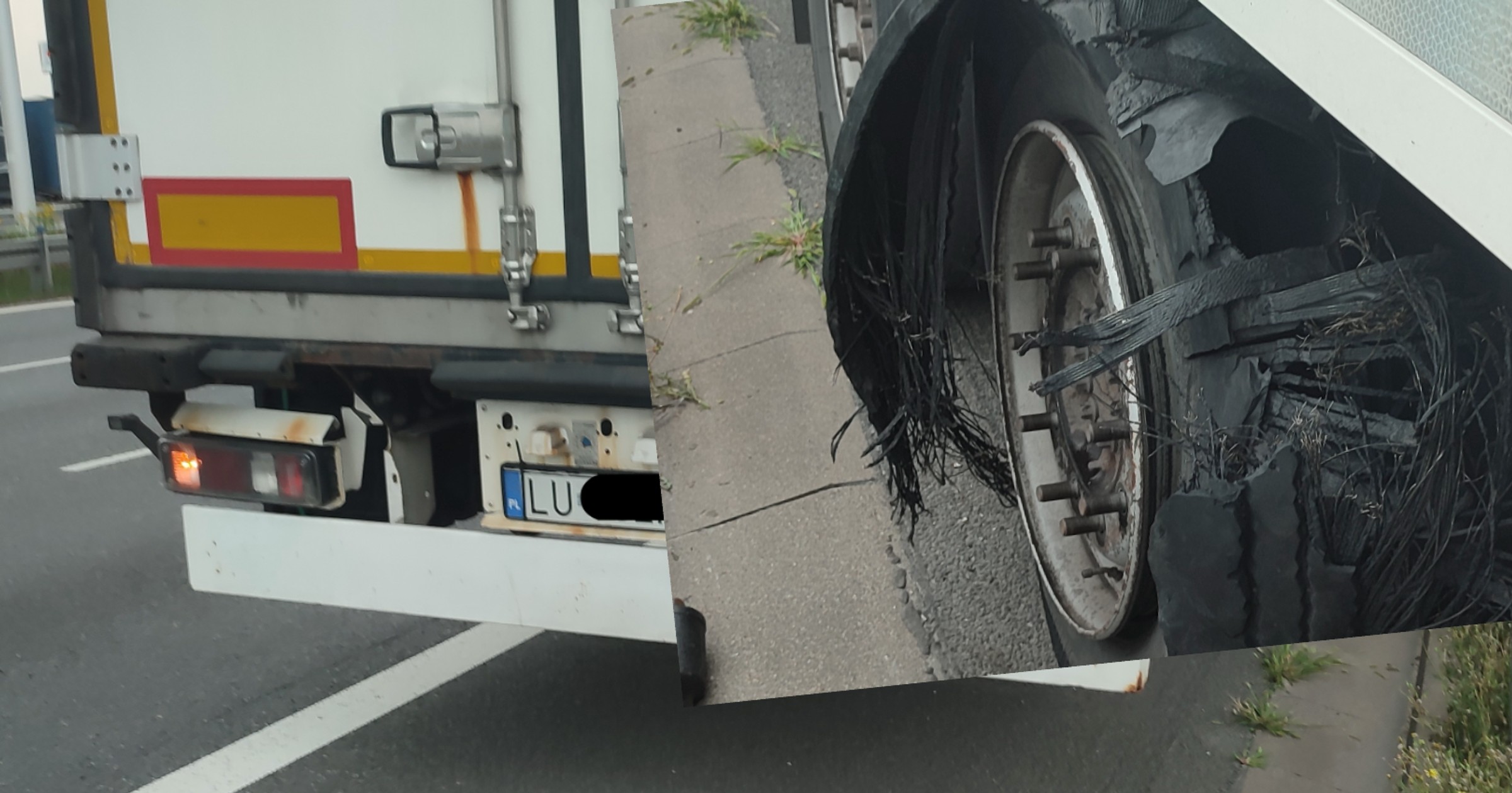 Odłamki z rozerwanej opony naczepy uszkodziły szybę oraz maskę osobówki, porysowały lakier