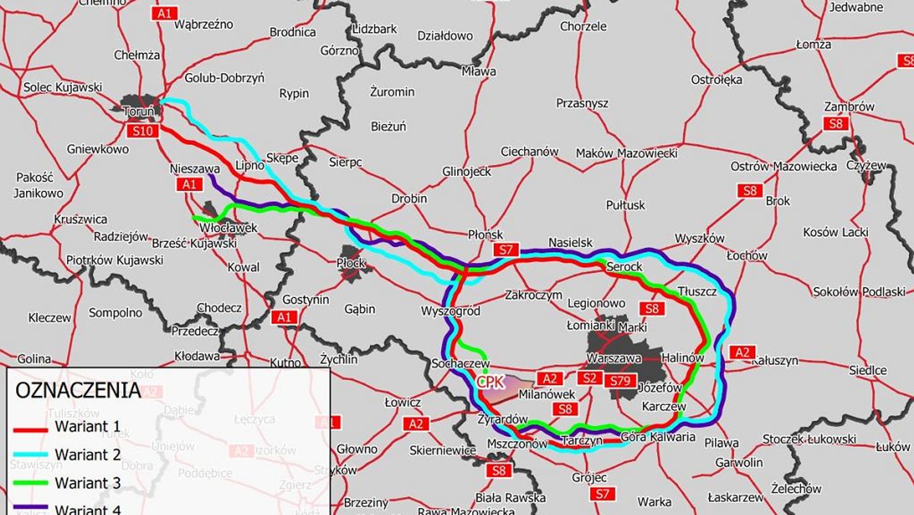 Warianty przebiegu Obwodnicy Aglomeracji Warszawskiej