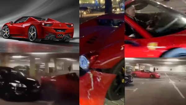Tiktoker driftował Ferrari po warszawskim parkingu, uderzył  w Forda. Kto zapłaci za szkody?
