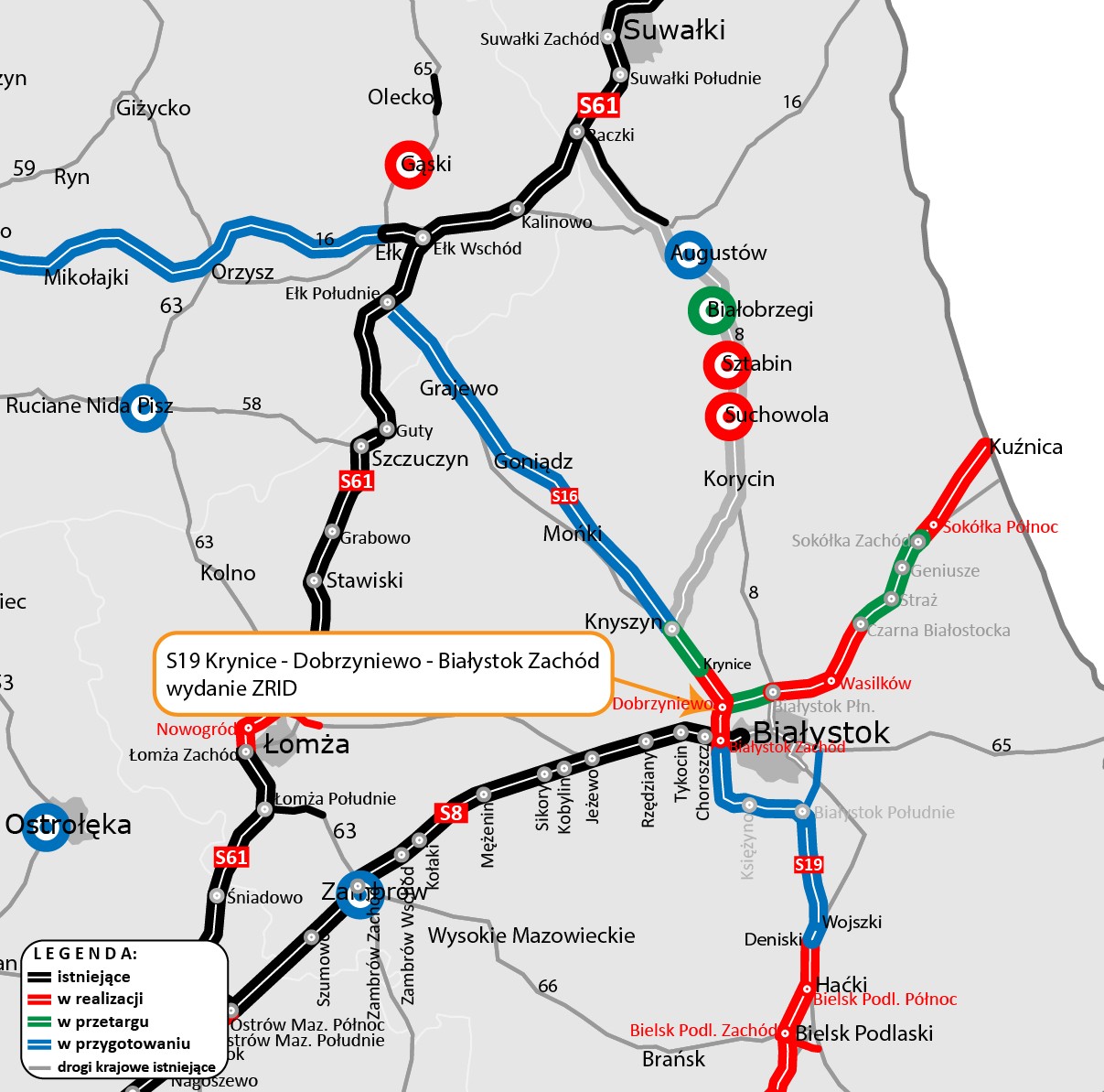 Mapa odcinka S19 Krynice - Dobrzyniewo Białystok Zachód