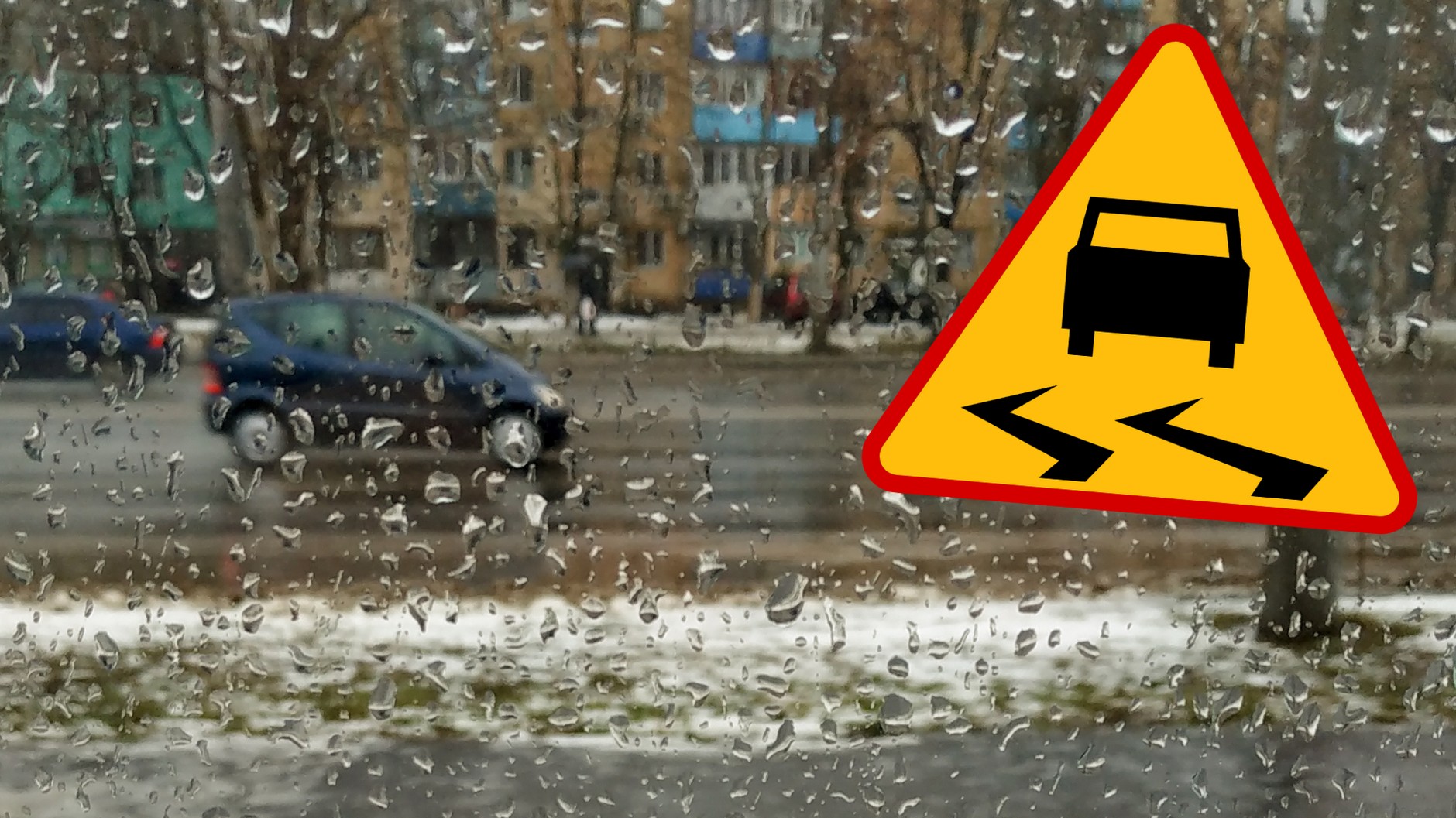 Znak A-15 ostrzega przed możliwością poślizgu spowodowanego np. deszczem (Fot. gov.pl)