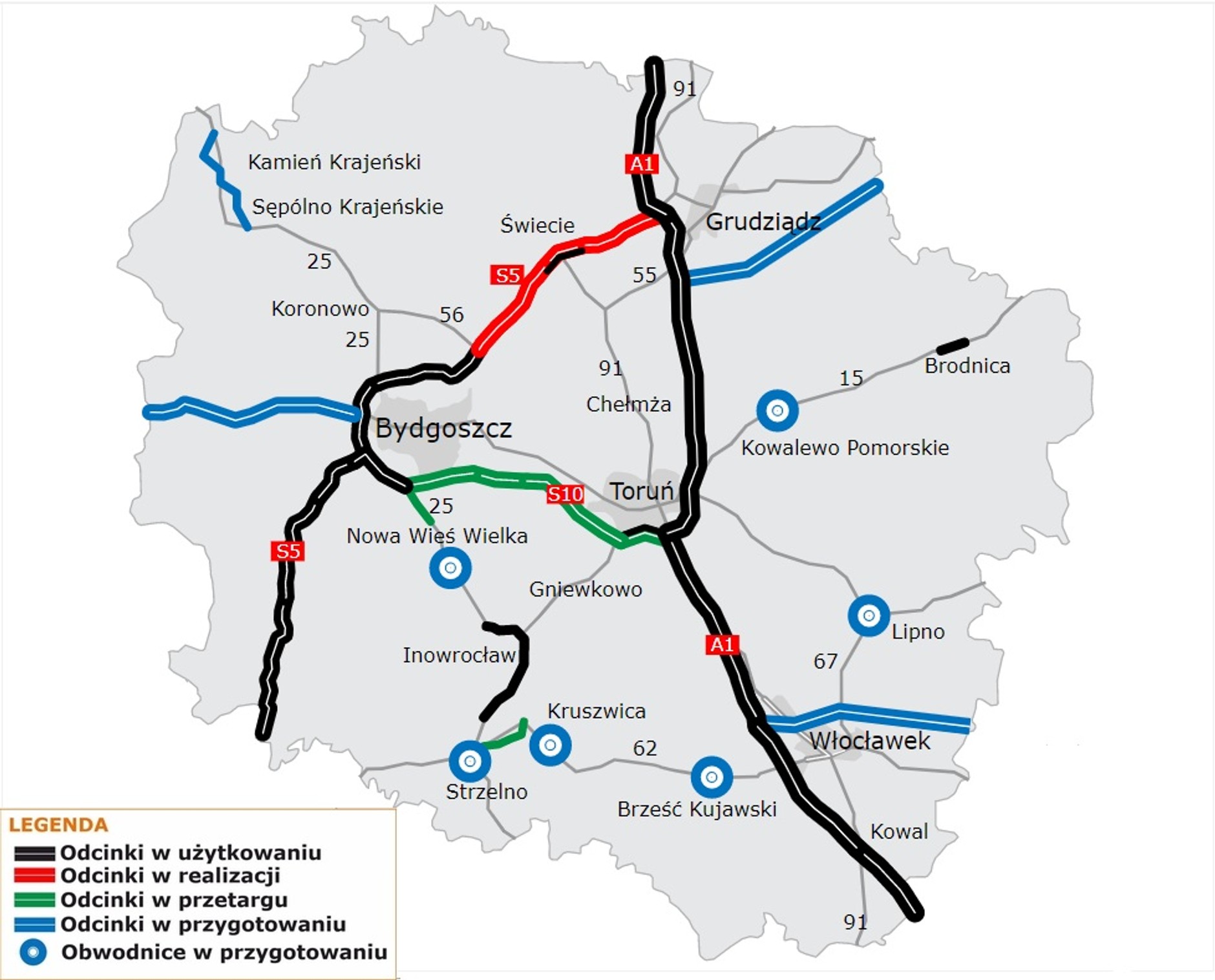 Kujawsko-pomorskie mapa budowy dróg