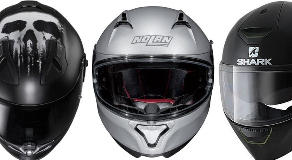 Testowe podium: kaski HJC FG-ST (II miejsce), Nolan N87 (I) i Shark Skwal (III)