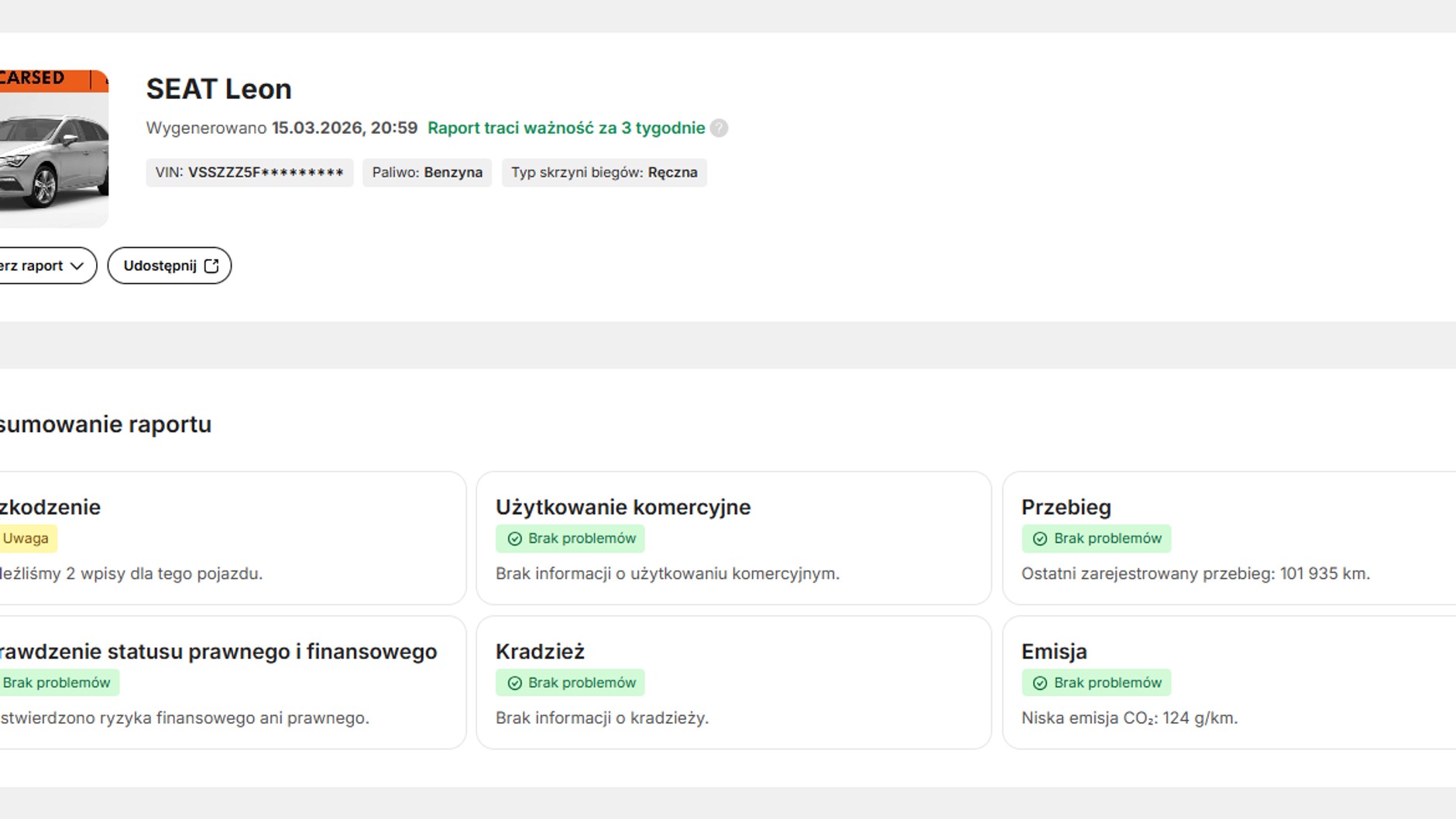 Raport historii samochodu po numerze VIN podanym w ogłoszeniu, niepasujący do egzemplarza