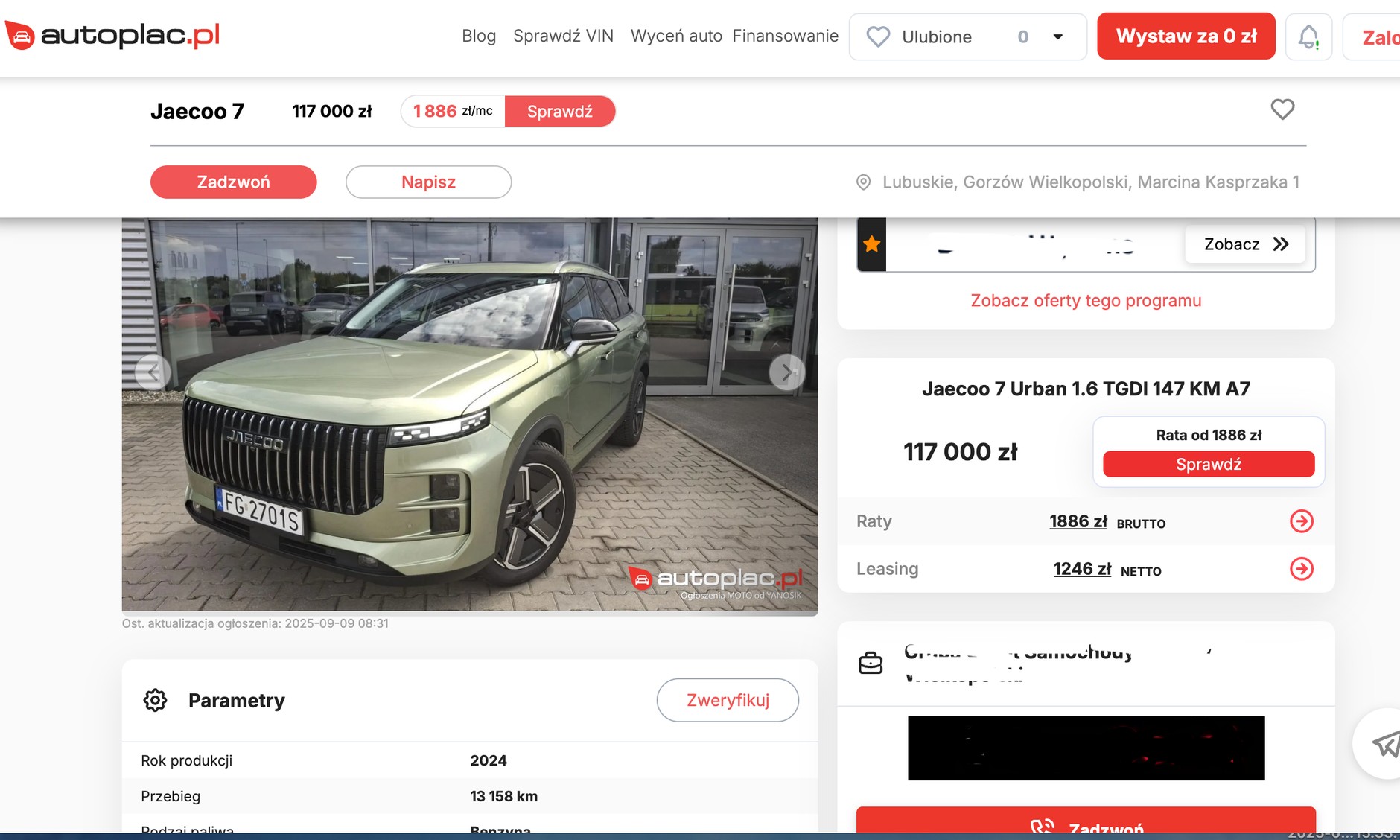 Roczne Jaecoo 7 z minimalnym przebiegiem można kupić za 117 tys. zł