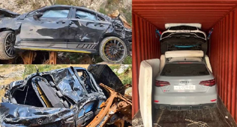 Rozbity Mercedes-AMG CLA 45 i Audi RS3 Sportback w kontenerze