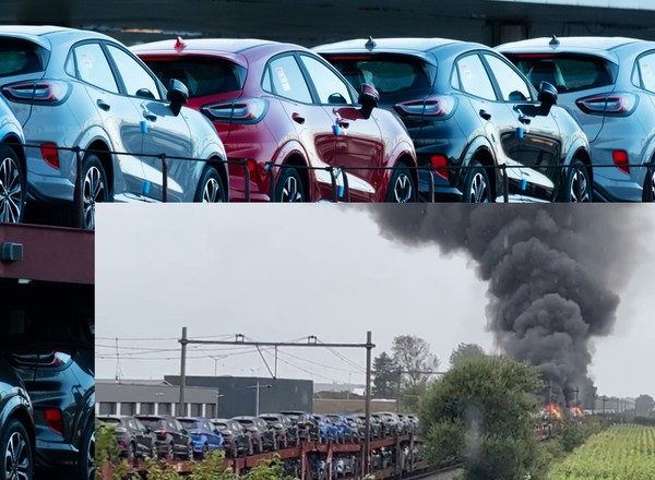 Pożar pociągu transportującego nowe Fordy Puma [Nagranie]