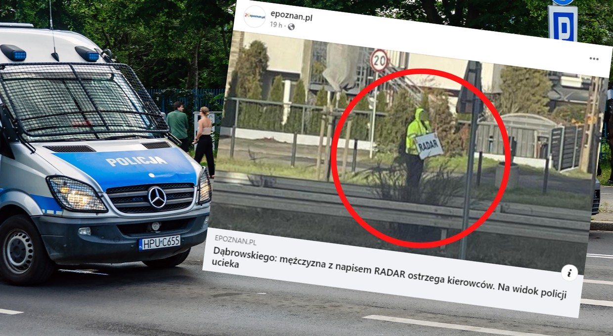 Przy drodze stoi mężczyzna z wielkim napisem. Nie polubiłby się z policją