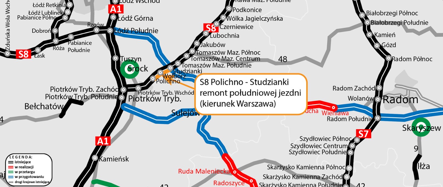 Remont S8 w kierunku Warszawy, między Polichnem i Studziankami (woj. łódzkie), mapa