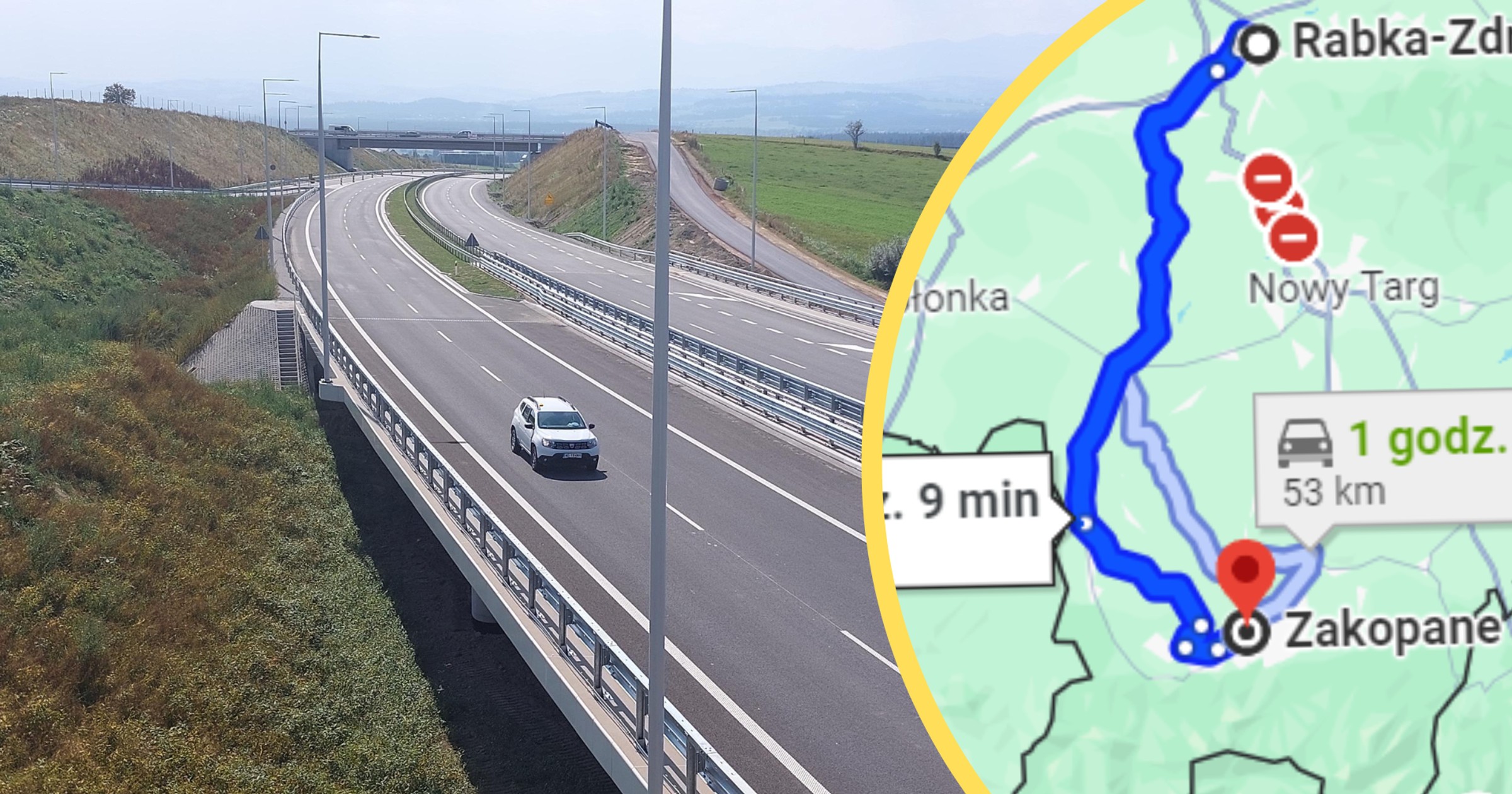 Tak obecnie Google Maps prowadzi do Zakopanego. Nowej zakopianki jeszcze "nie widzi" (Screen: Google Maps)