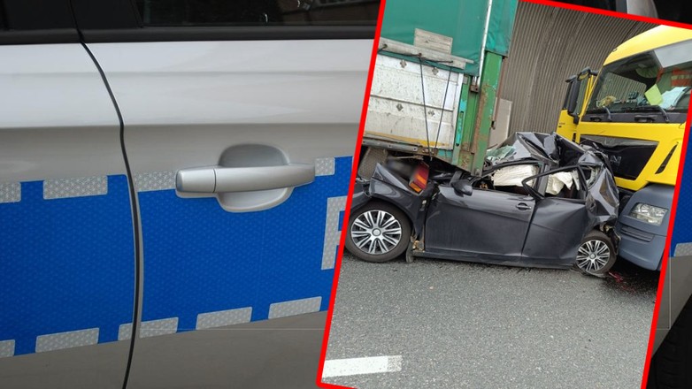 Auto wepchnięte pod ciężarówkę