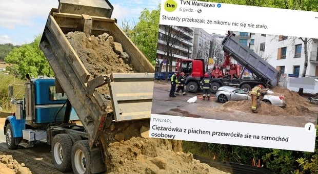 Wywrotka z piaskiem zmiażdżyła Lexusa zaparkowanego przy budowie osiedla. "Awaria techniczna"