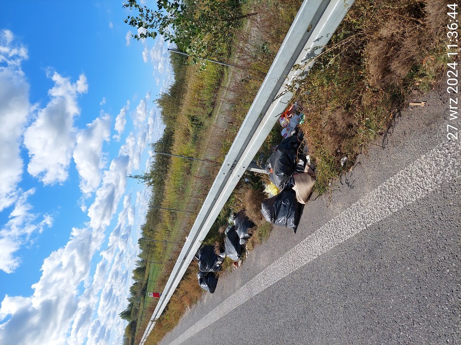 Śmieci wyrzucone na poboczu drogi krajowej - woj mazowieckie