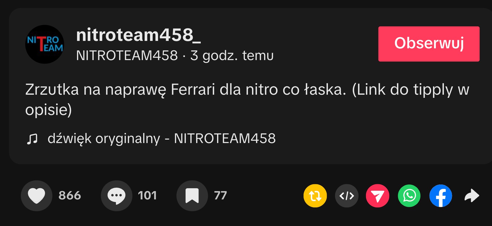 Tiktoker organizuje zrzutkę na zderzak do Ferrari