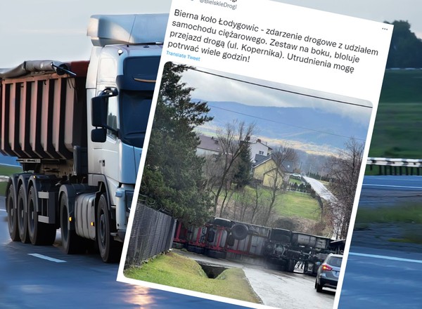 Coś poszło nie tak przy rozładunku wywrotki. Droga była zablokowana przez kilka godzin