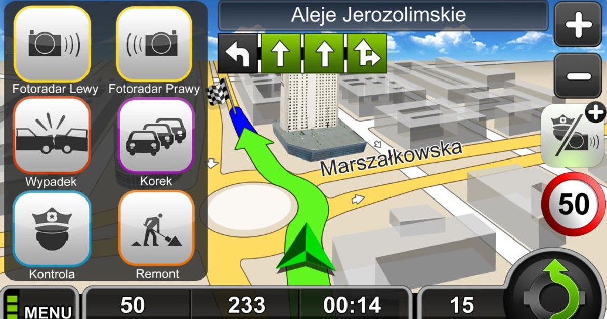 MapaMap 8.0. Katalog obejmuje fotoradary wraz z ich lokalizacją względem pojazdu, wypadki, korki, kontrole oraz remonty i roboty drogowe