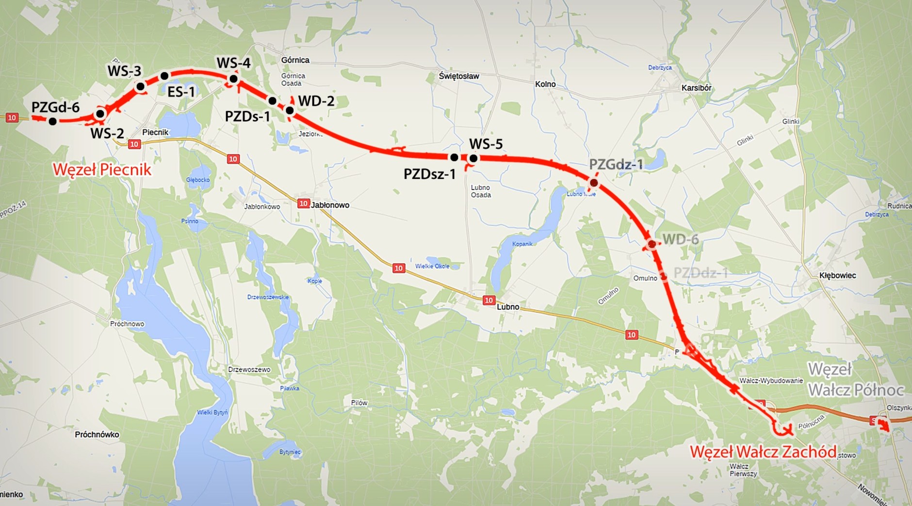 Mapa przebiegu S10 Piecnik-Wałcz