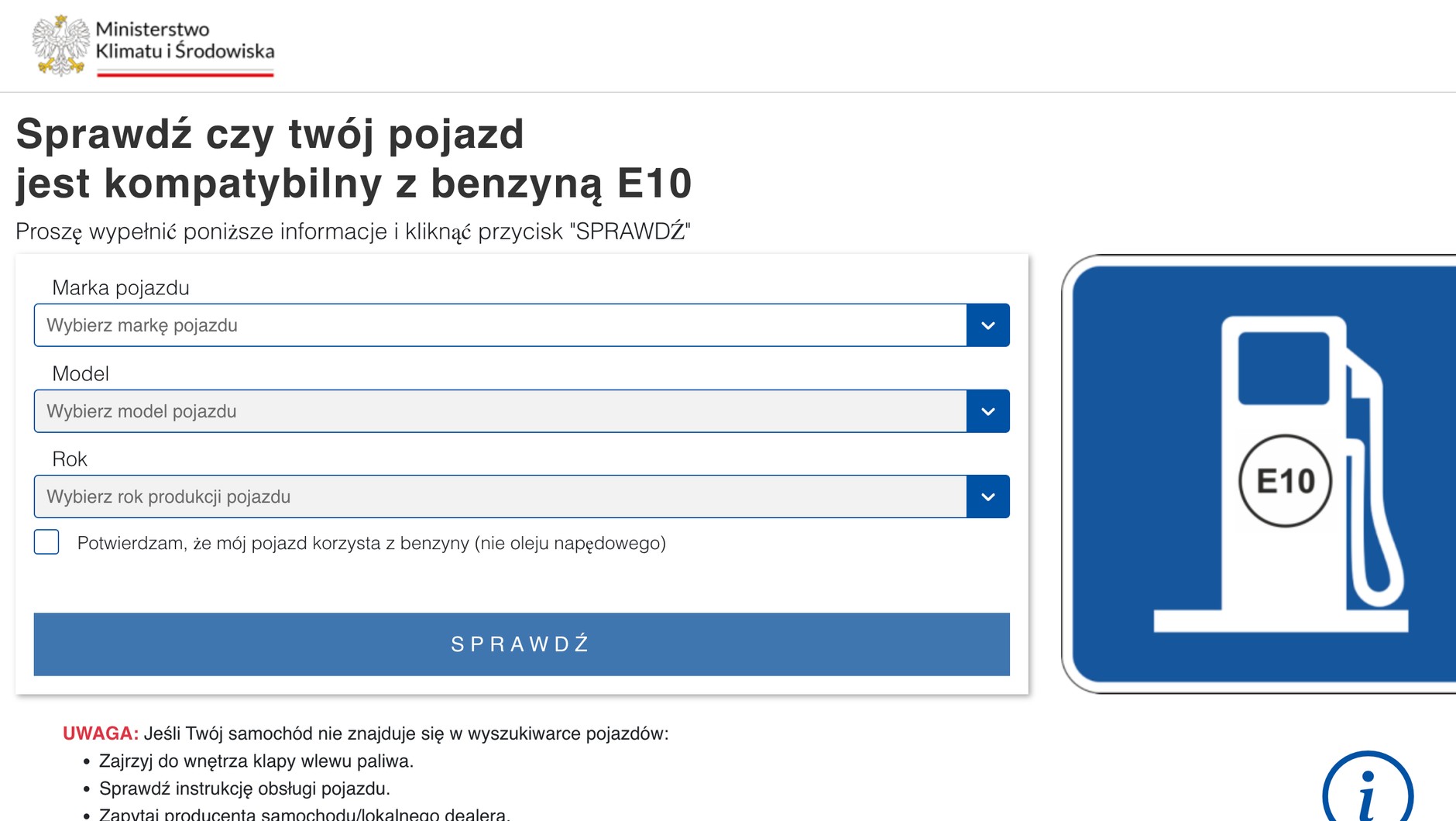 Ministerstwo udostępnia wyszukiwarkę pozwalającą ocenić, czy nasz samochód może jeździć na benzynie E10 – warto zajrzeć na stronę https://e10.klimat.gov.pl/