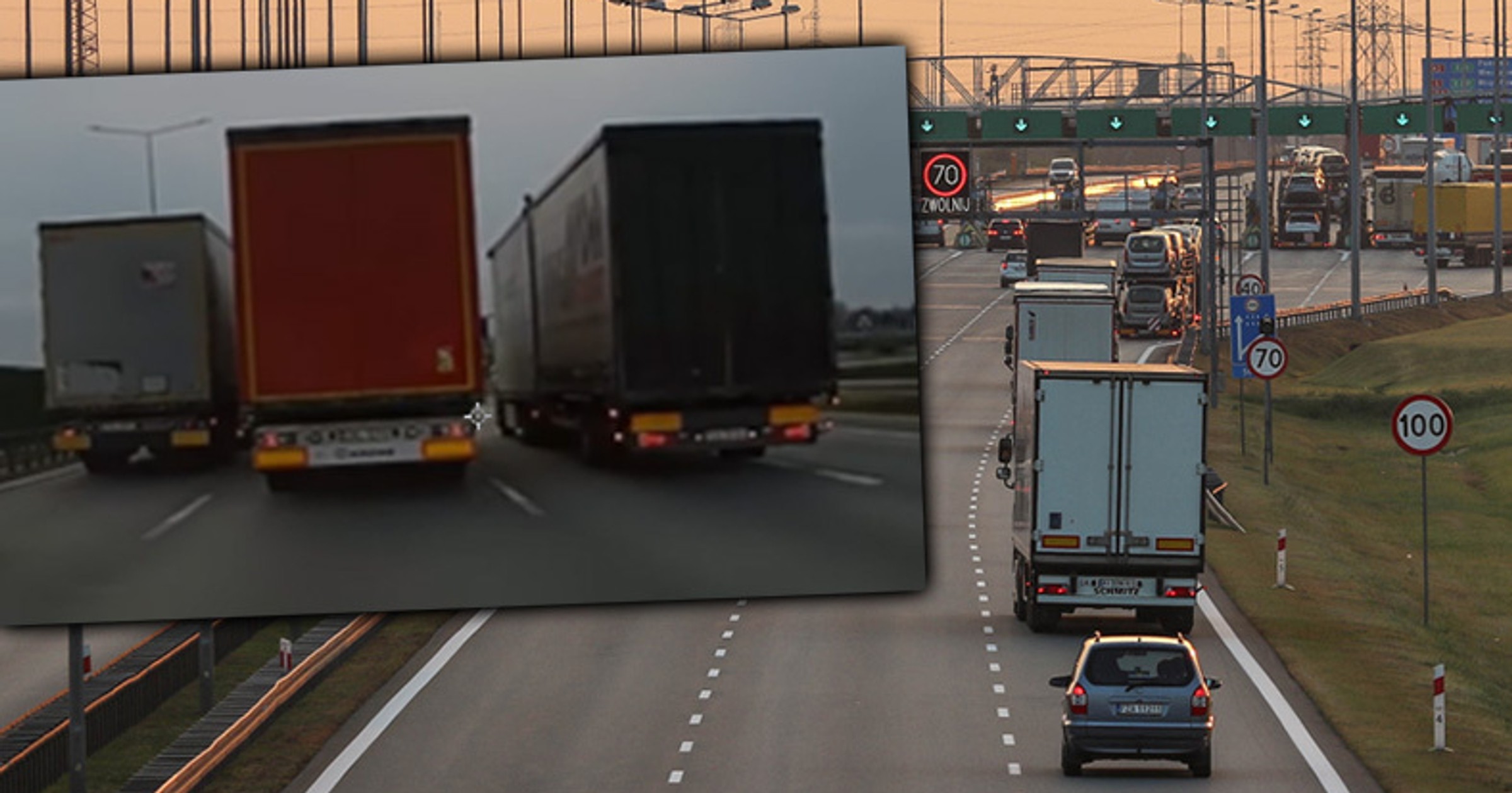 Wyprzedzające się ciężarówki na A2